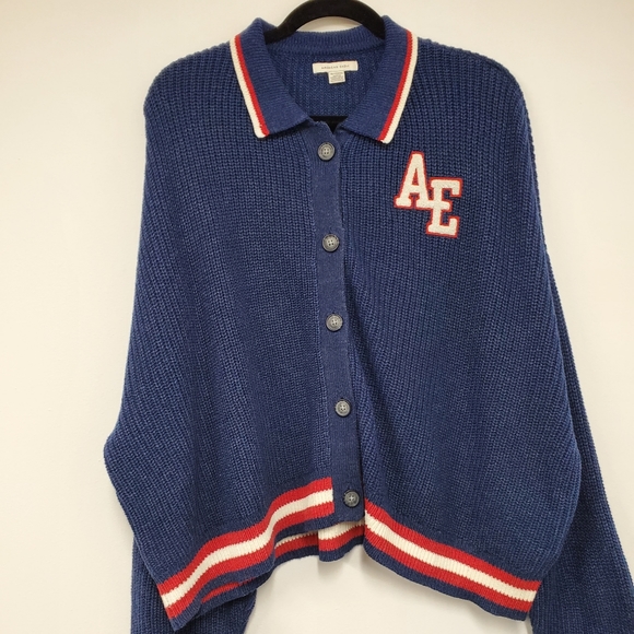 American Eagle Varsity Cardigan Sweater XL Blue White Striped Collared Preppy - Picture 1 of 13